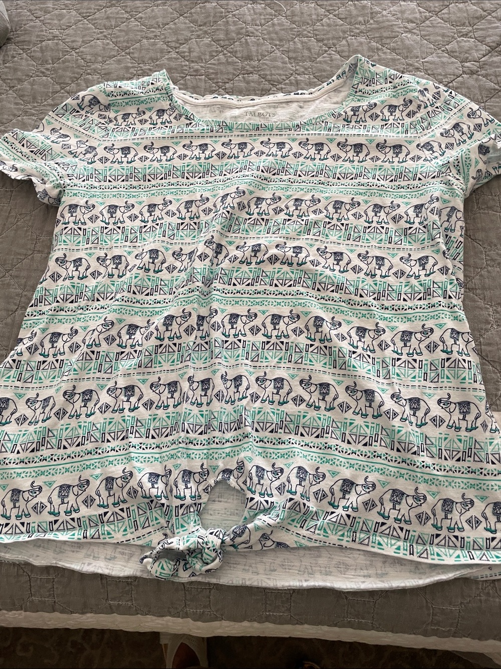 Talbots White Tee with Navy and Mint Elephant Print